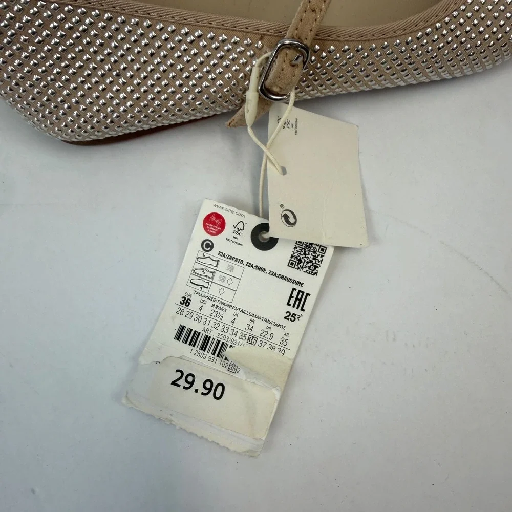Zara Kids Silver Studded Mary Jane Ballet Flats Bow Detail Beige Size 4 36 NEW